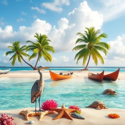 A serene coastal scene featuring a lone heron standing gracefully near a fish bone, surrounded by a starfish and vibrant coral