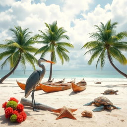A serene coastal scene featuring a lone heron standing gracefully near a fish bone, surrounded by a starfish and vibrant coral
