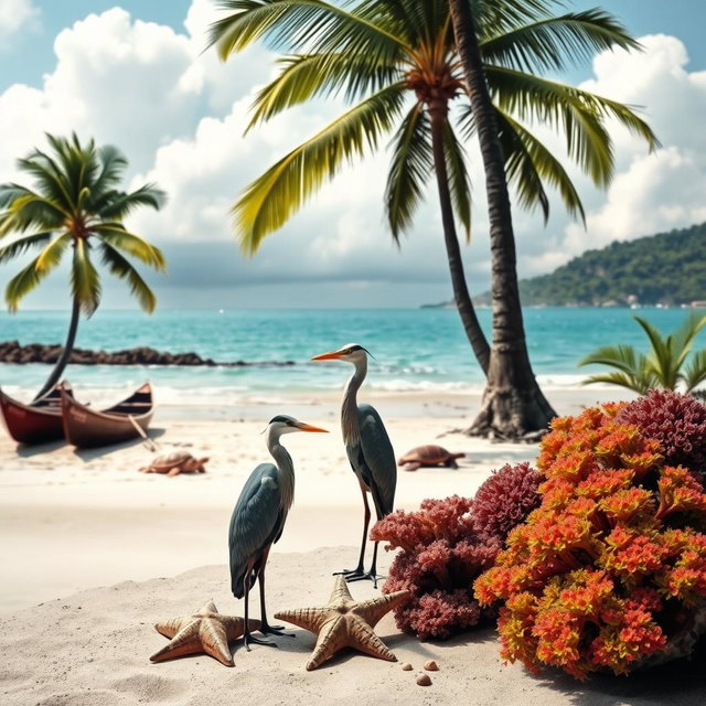 A serene coastal scene featuring a lone heron standing gracefully near a fish bone, surrounded by a starfish and vibrant coral