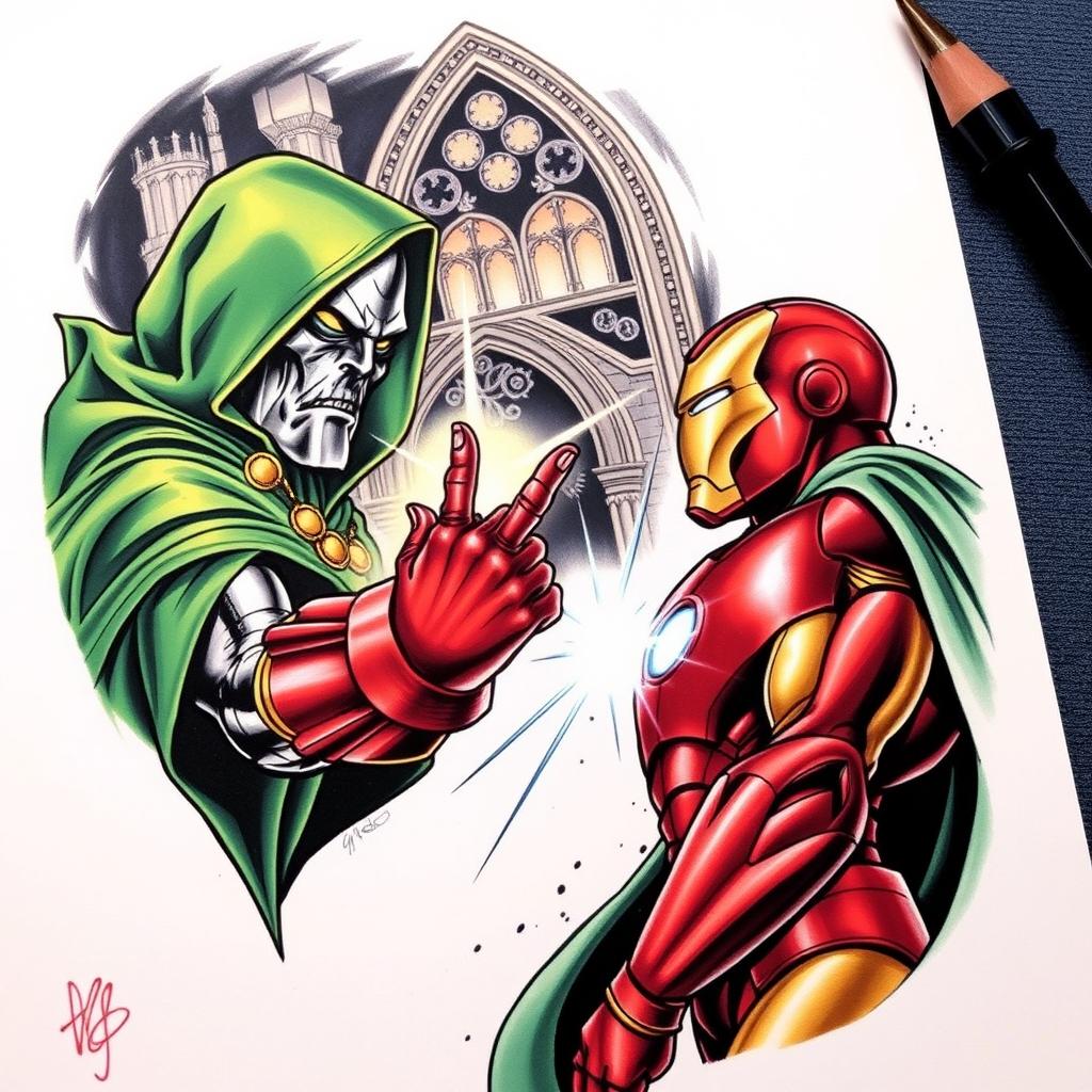 A detailed tattoo design featuring Doctor Doom and Iron Man in a dramatic confrontation