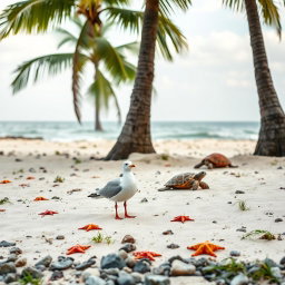 A lonely seagull standing near a fish bone on a sandy beach
