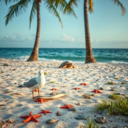 A lonely seagull standing near a fish bone on a sandy beach