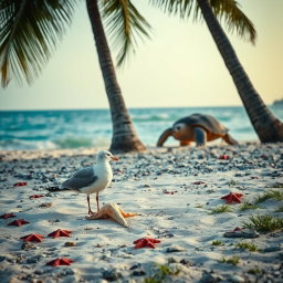 A lonely seagull standing near a fish bone on a sandy beach