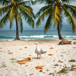 A lonely seagull standing near a fish bone on a sandy beach
