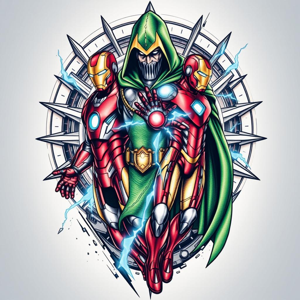 A dynamic and detailed tattoo design featuring Doctor Doom and Iron Man, with Doctor Doom in his iconic green cloak and metallic armor, standing confidently, while Iron Man is depicted in a striking pose, showcasing his red and gold armor, with glowing arc reactor