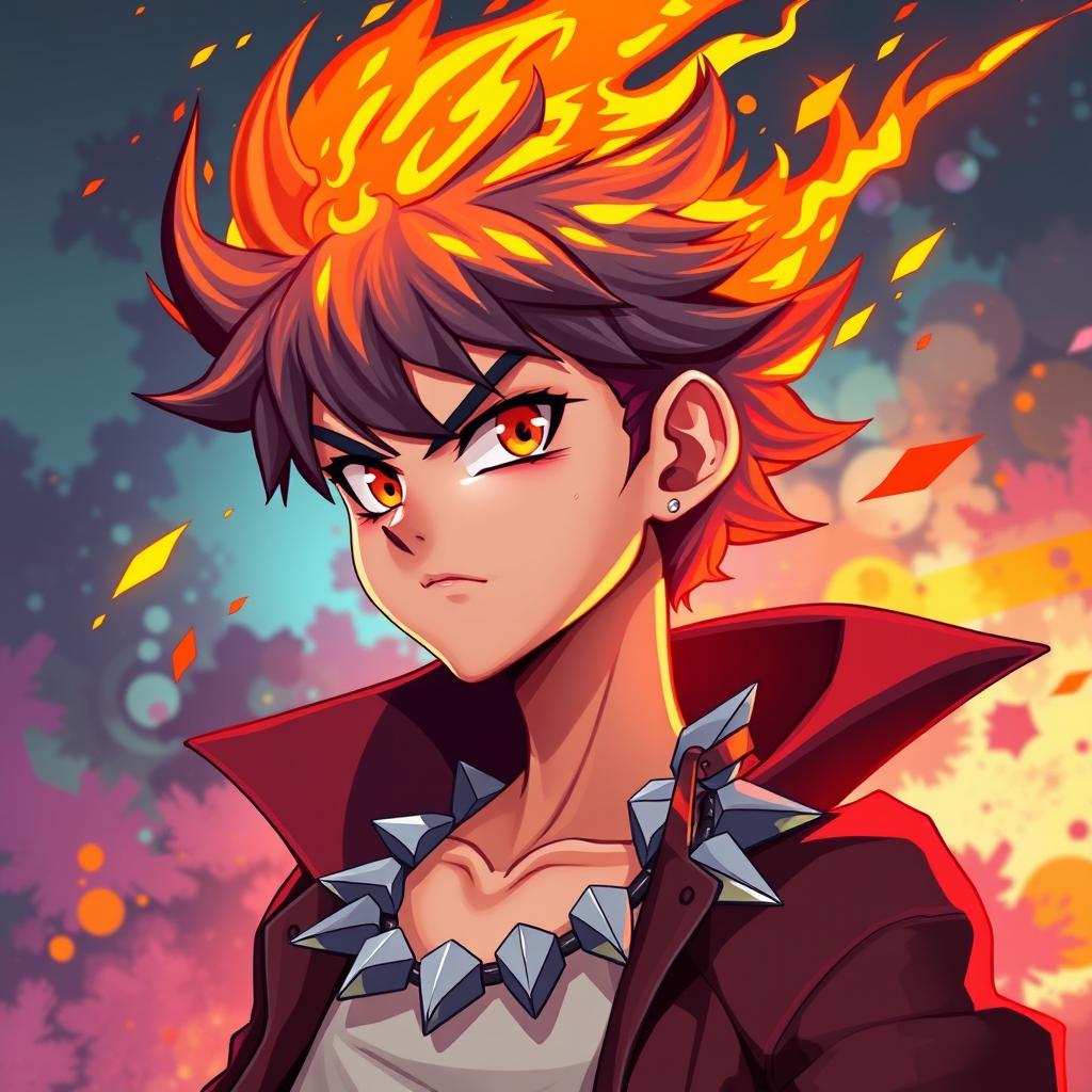 A vibrant 2D anime character with short hair that is on fire, giving a dynamic and intense appearance