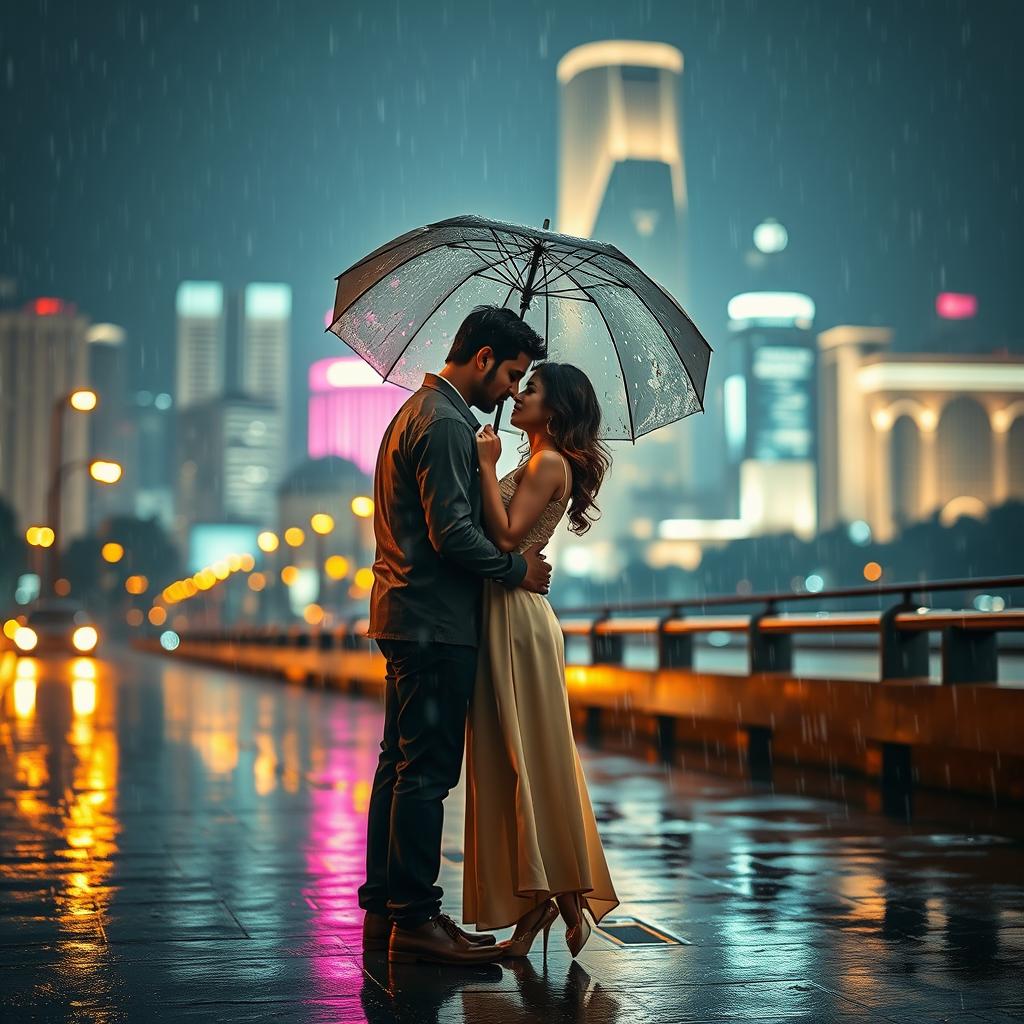 A romantic scene inspired by the Aashiqui movie, depicting a couple in love under the enchanting glow of city lights during a rainy night