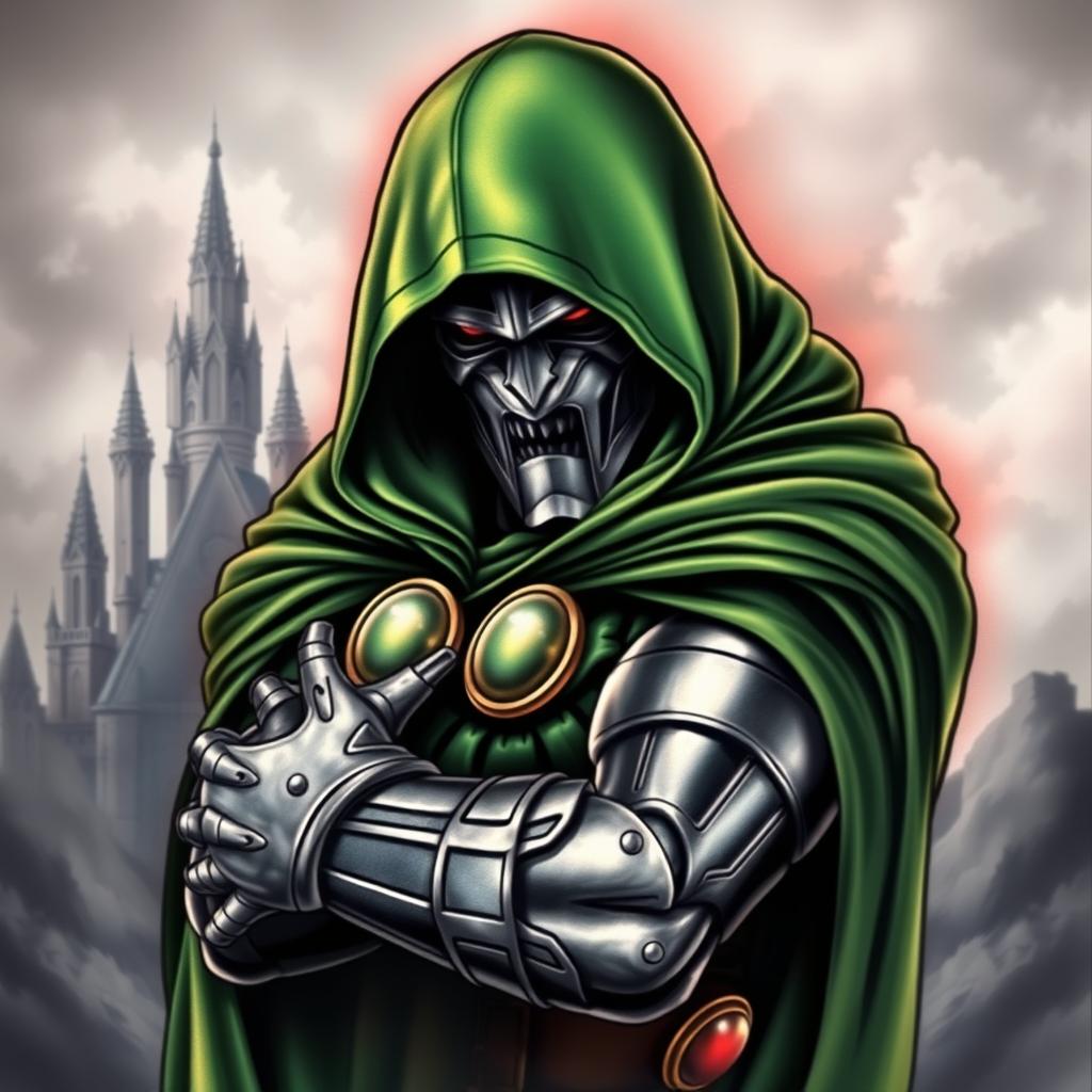 A highly detailed tattoo design of Doctor Doom, showcasing his iconic green cloak and metallic mask