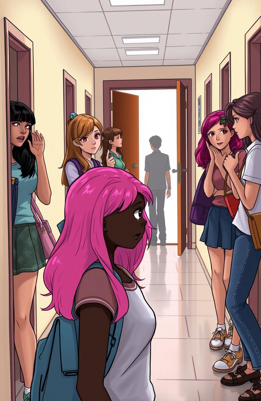 A school corridor scene depicting a group of girls whispering and gossiping among themselves, with expressions of intrigue and disdain