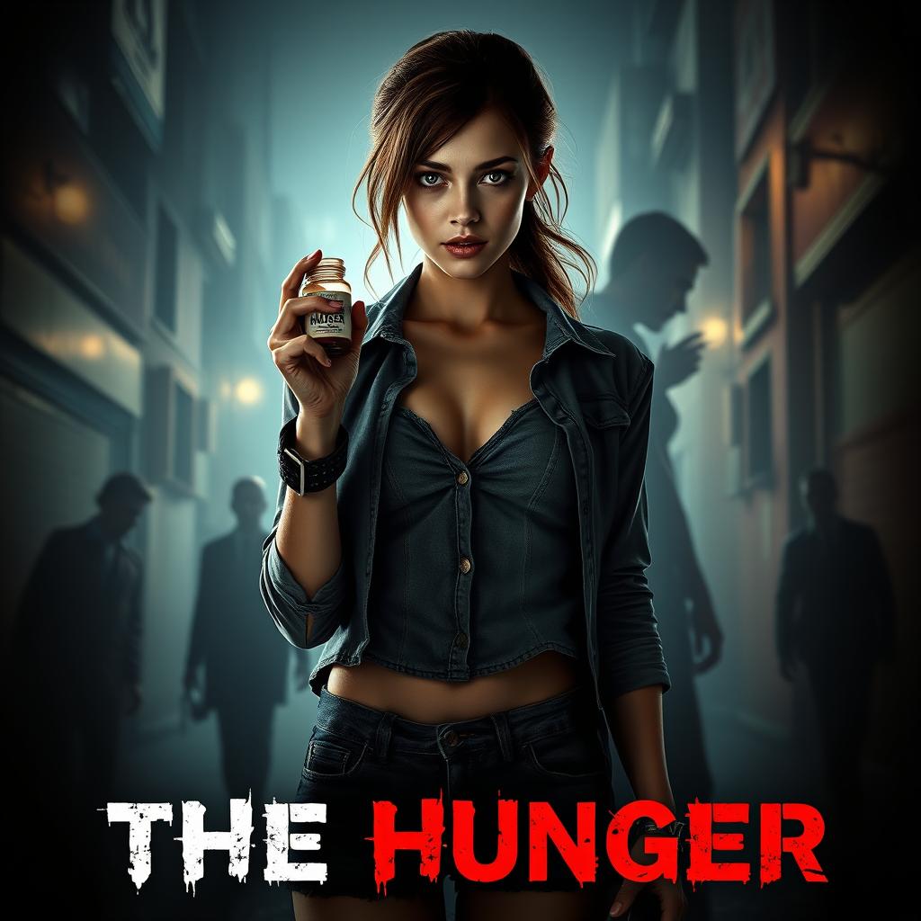 A gripping horror movie poster titled 'THE HUNGER' featuring a pretty girl with striking features and an alluring gaze that hints at a dark secret