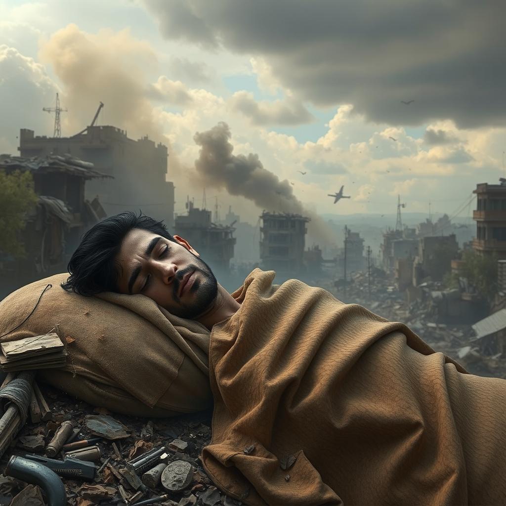 A poignant scene depicting a man named Ahmad Shar'a, peacefully sleeping amidst a backdrop of destruction due to an airstrike