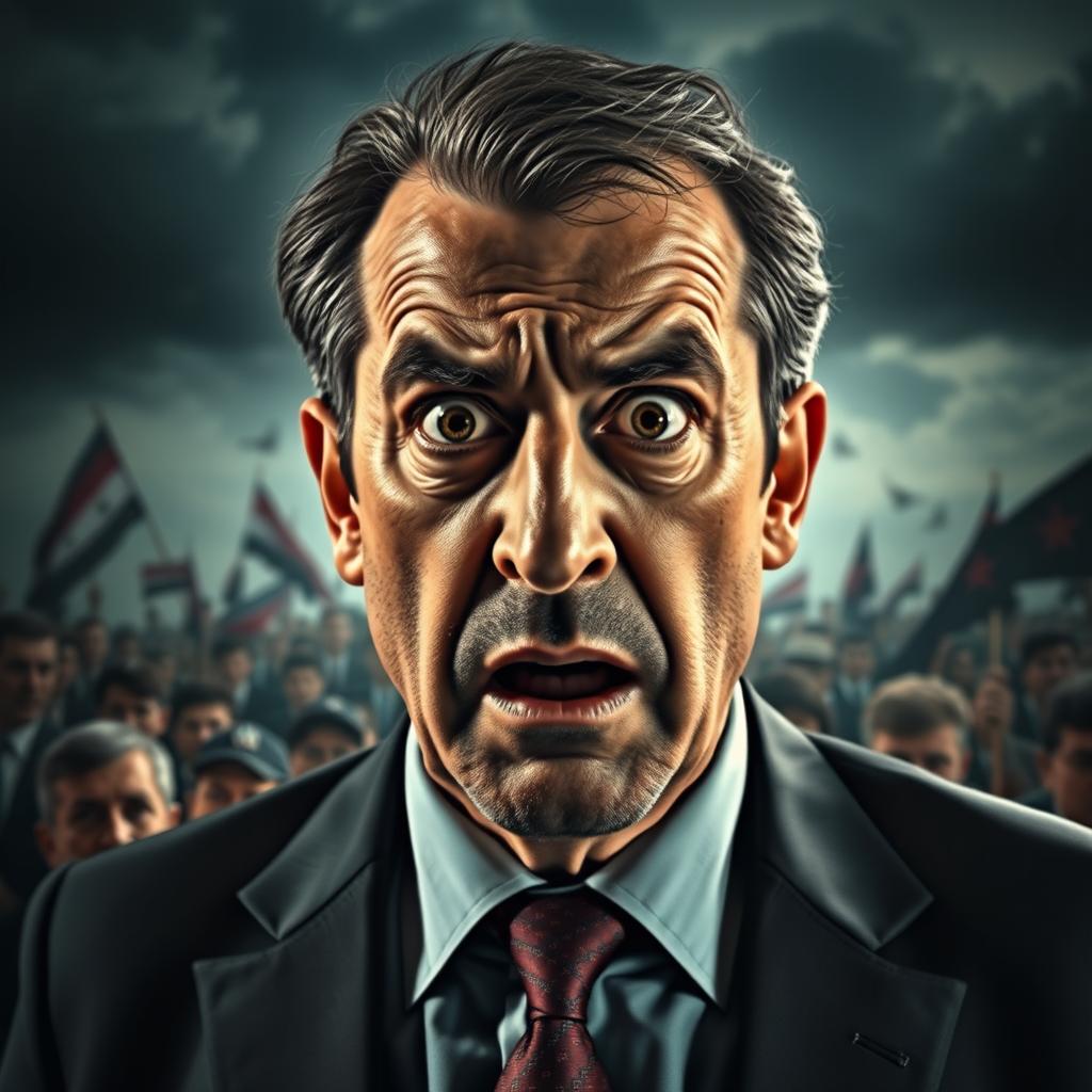 A dramatic portrayal of the Syrian President looking fearful and anxious, with wide eyes and a tense expression