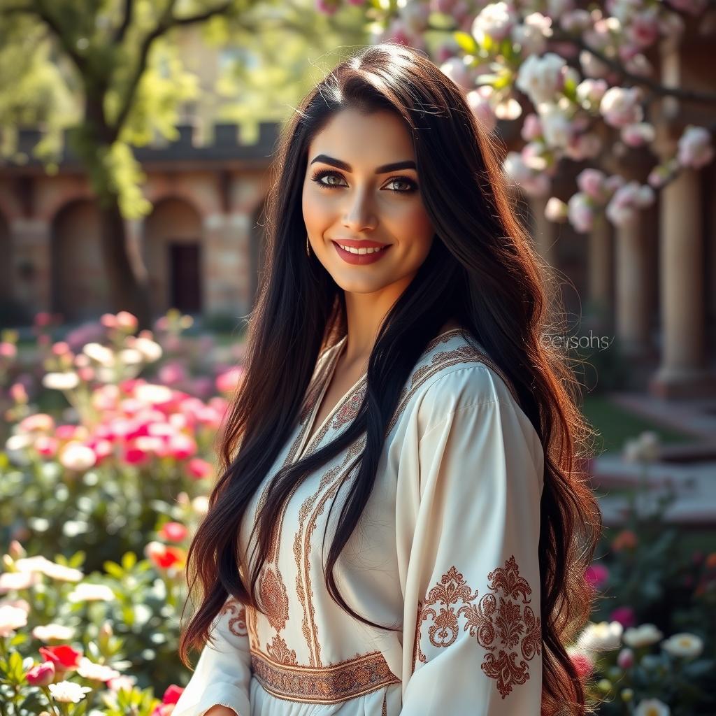A beautiful Iranian woman with long, flowing black hair and striking green eyes, wearing traditional Persian clothing that elegantly accentuates her figure