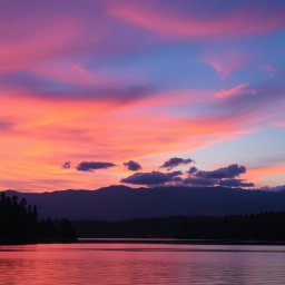 A serene landscape featuring a beautiful twilight sky with vibrant hues of pink and orange blending into deep blue