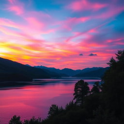 A serene landscape featuring a beautiful twilight sky with vibrant hues of pink and orange blending into deep blue