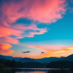 A serene landscape featuring a beautiful twilight sky with vibrant hues of pink and orange blending into deep blue