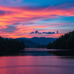A serene landscape featuring a beautiful twilight sky with vibrant hues of pink and orange blending into deep blue