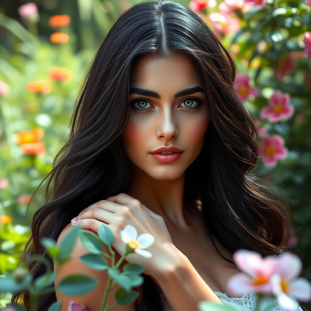 An artistic depiction of a beautiful Iranian woman with long, flowing black hair and striking green eyes, surrounded by nature