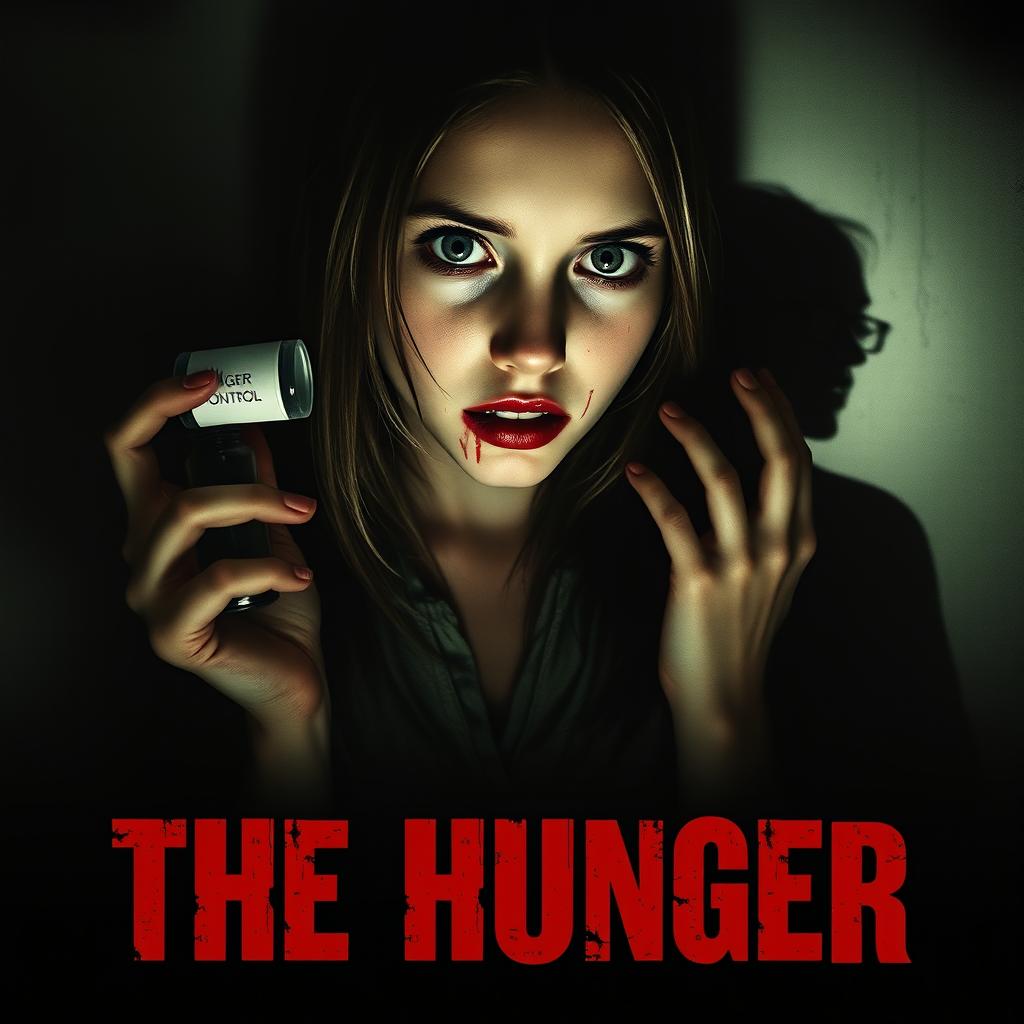 A haunting horror movie poster titled 'THE HUNGER' featuring a pretty girl with an innocent yet eerie expression