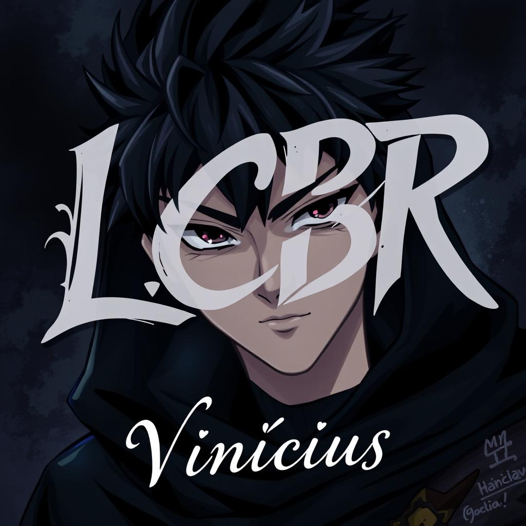 An anime character with a dark, mysterious look, featuring striking facial features and a deep intense gaze
