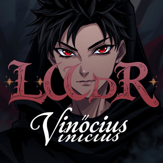 An anime character with a dark, mysterious look, featuring striking facial features and a deep intense gaze