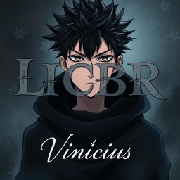 An anime character with a dark, mysterious look, featuring striking facial features and a deep intense gaze