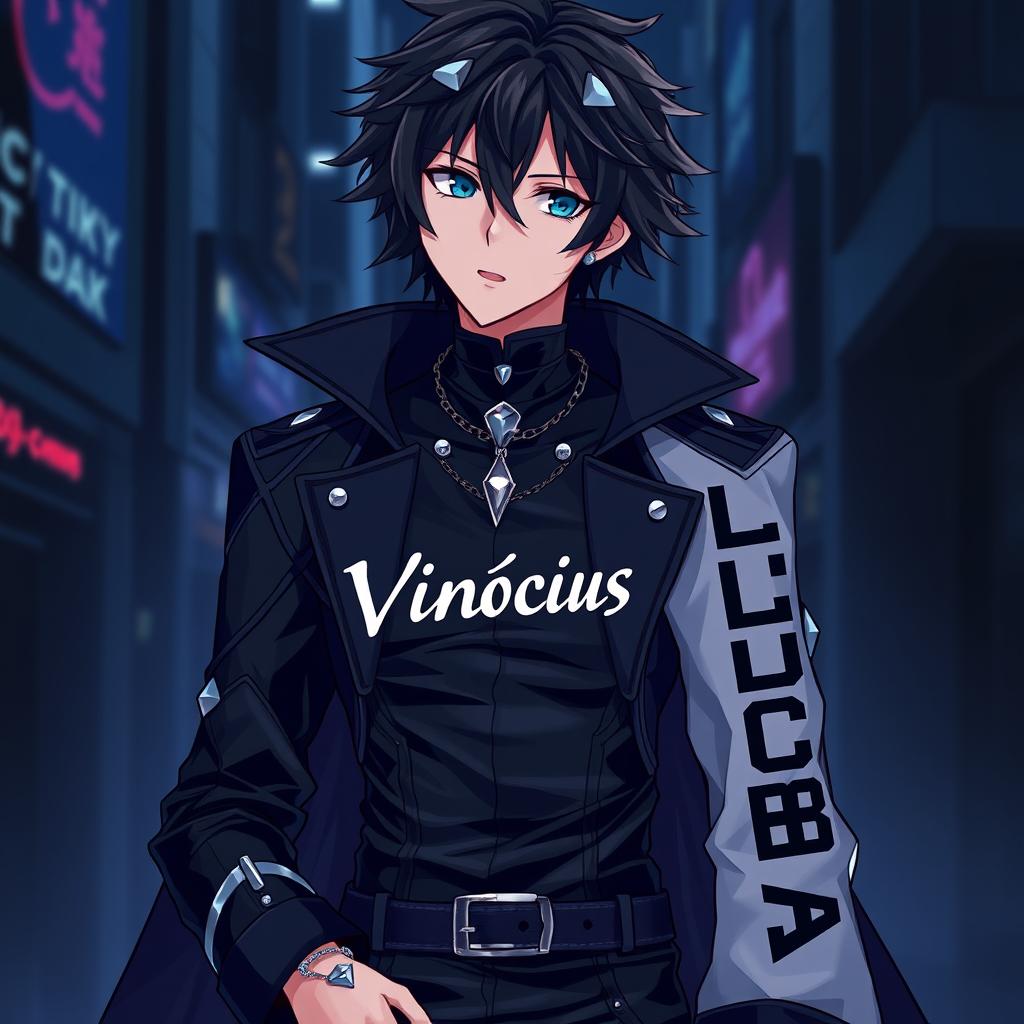 An anime character wearing a striking dark outfit, exuding an edgy and mysterious aura