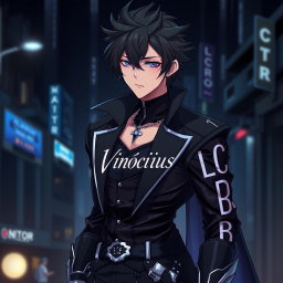 An anime character wearing a striking dark outfit, exuding an edgy and mysterious aura