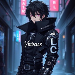 An anime character wearing a striking dark outfit, exuding an edgy and mysterious aura