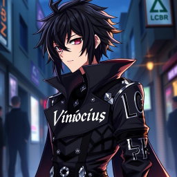 An anime character wearing a striking dark outfit, exuding an edgy and mysterious aura