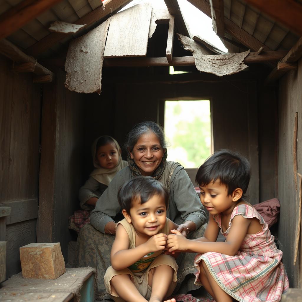 A poor single mother in a small, worn wooden house with a damaged roof, surrounded by her three children