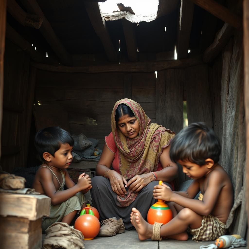 A poignant scene depicting a poor single mother and her three young children inside a modest wooden house with a damaged roof