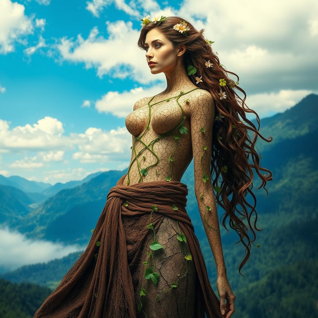 A beautiful woman made of earth elements, wearing elegant, flowing garments that resemble natural fabrics like leaves and petals