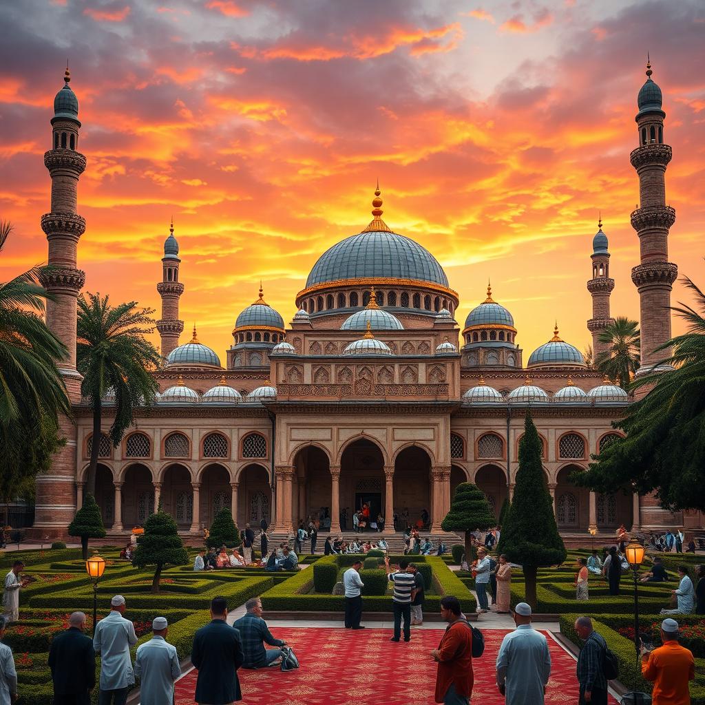 A stunning historical religious tableau showcasing a magnificent ancient mosque with splendid architecture