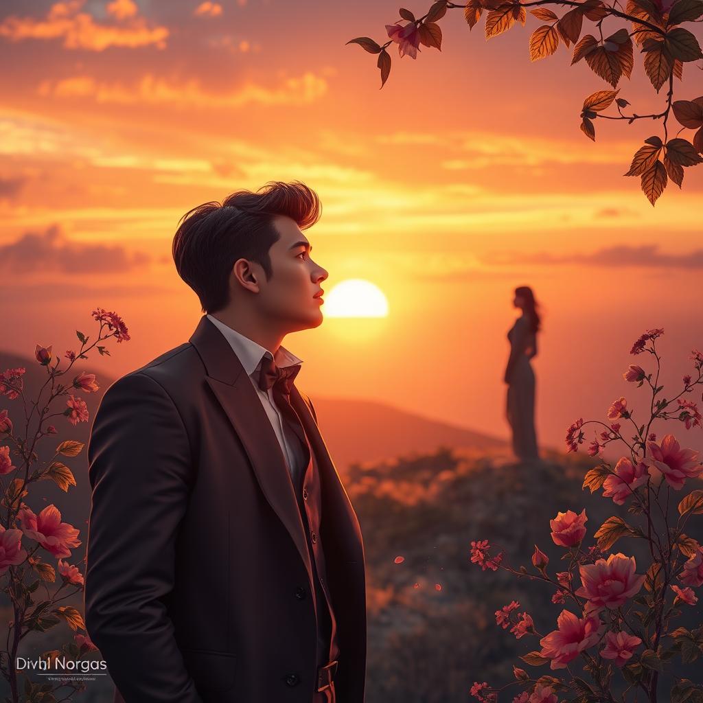 A serene and romantic scene capturing the essence of unending feelings, showcasing a man lost in thought as he chases his beloved