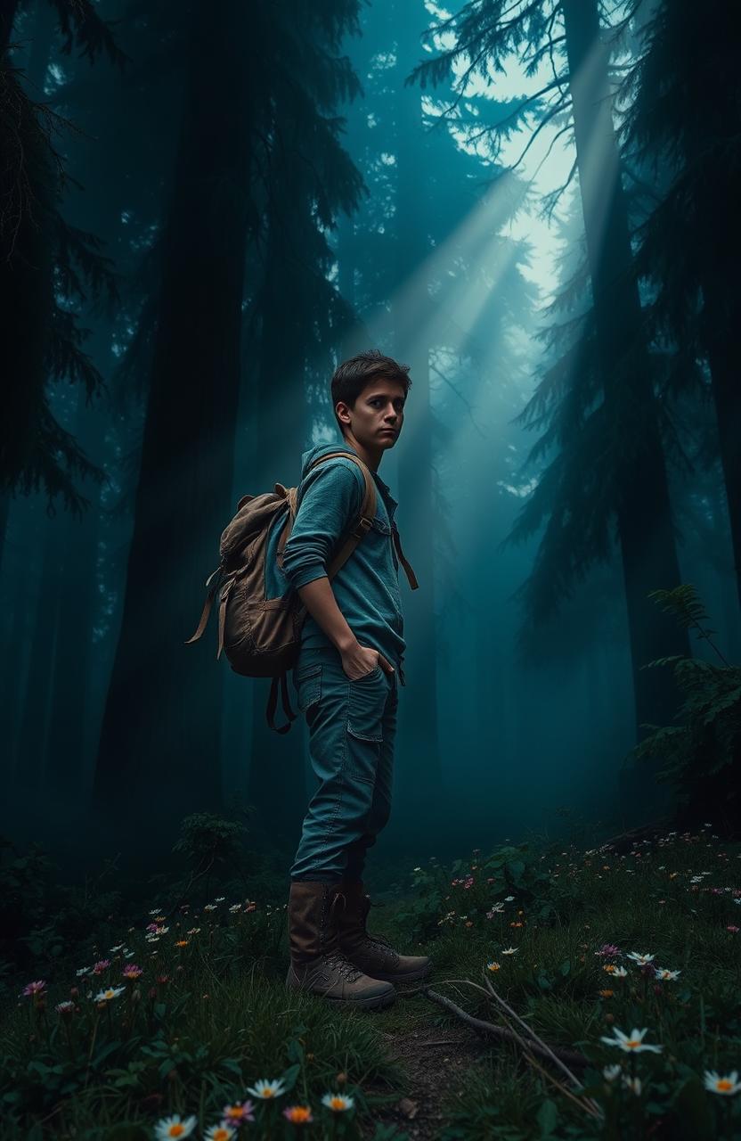 A dramatic scene depicting a person standing in a dense, misty forest at twilight, looking confused and lost