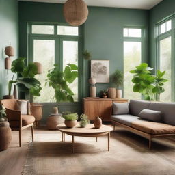 A vintage-styled living room designed with natural materials. Dominated by wooden furniture, green plants, and featuring nude, green, and gray colors.