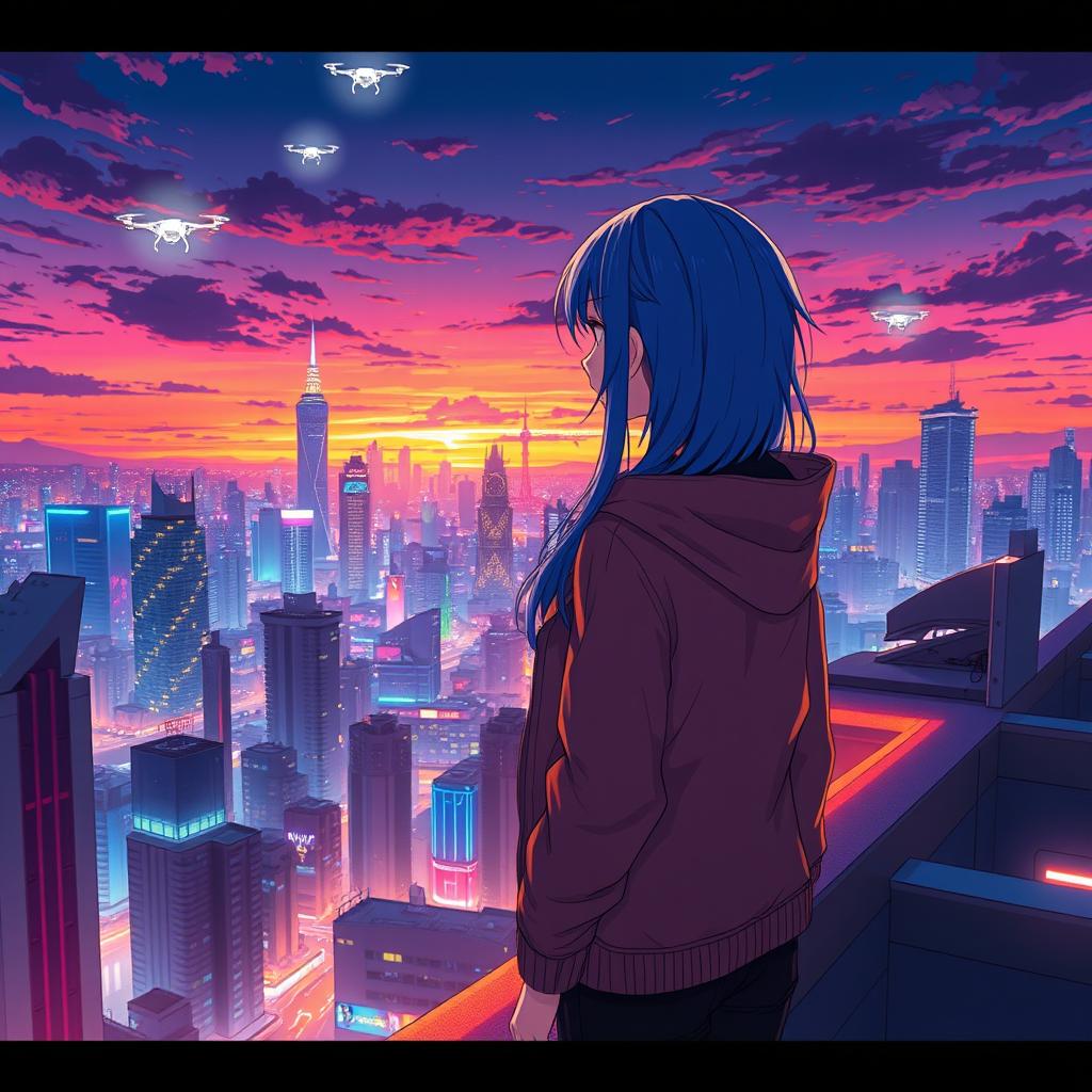 An anime scene featuring a vibrant city at sunset, with a futuristic skyline filled with neon lights