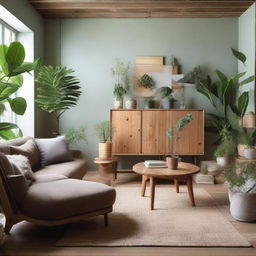 A vintage-styled living room designed with natural materials. Dominated by wooden furniture, green plants, and featuring nude, green, and gray colors.