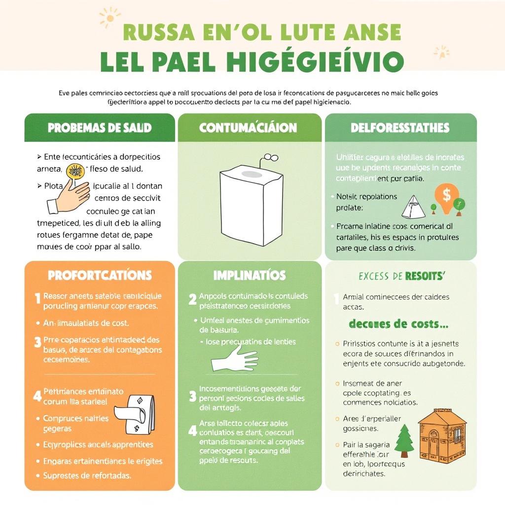Un afiche informativo detallado sobre las consecuencias del mal uso del papel higiénico, enfocándose en problemas de salud, contaminación ambiental, deforestación, implicaciones de costos y el exceso de recursos