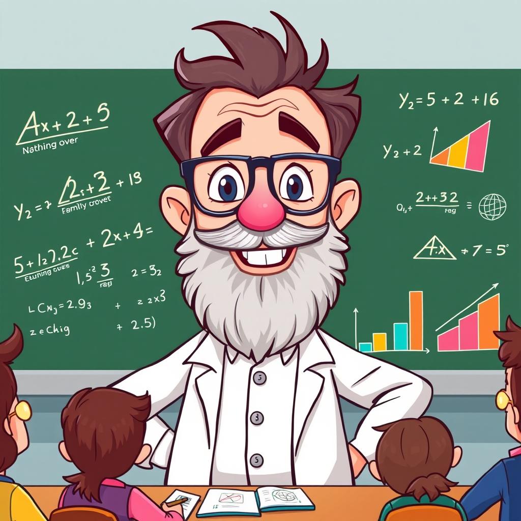 A cartoon illustration of a math professor with distinct features inspired by the first image: a friendly and wise expression, wearing glasses, and a well-groomed beard