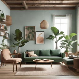 A vintage-styled living room designed with natural materials. Dominated by wooden furniture, green plants, and featuring nude, green, and gray colors.