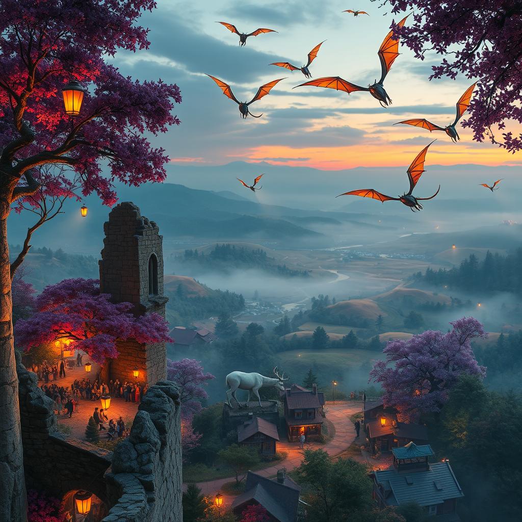 A breathtaking view from the crumbling remains of an ancient tower, overlooking a vibrant small town filled with cheerful common folk celebrating