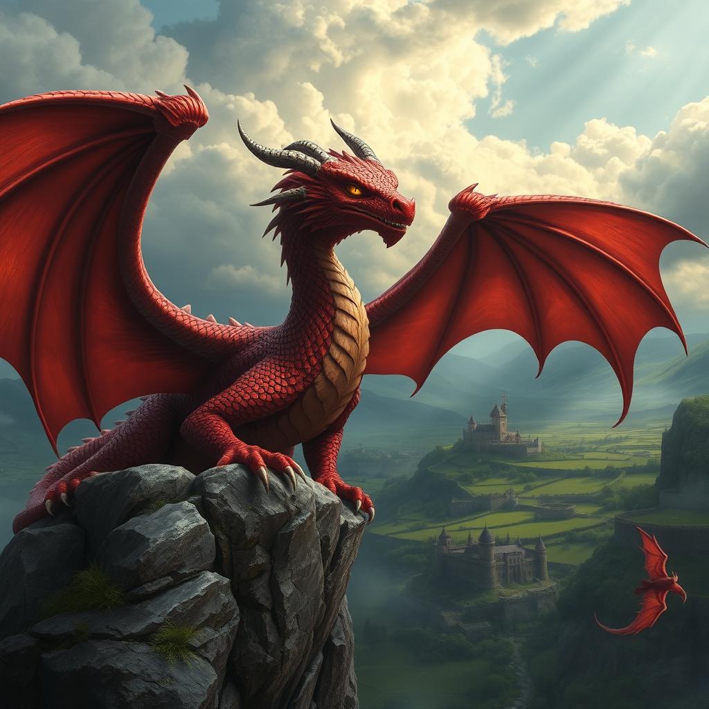 A magnificent medieval crimson dragon with gleaming amber eyes perched majestically atop a rocky cliff