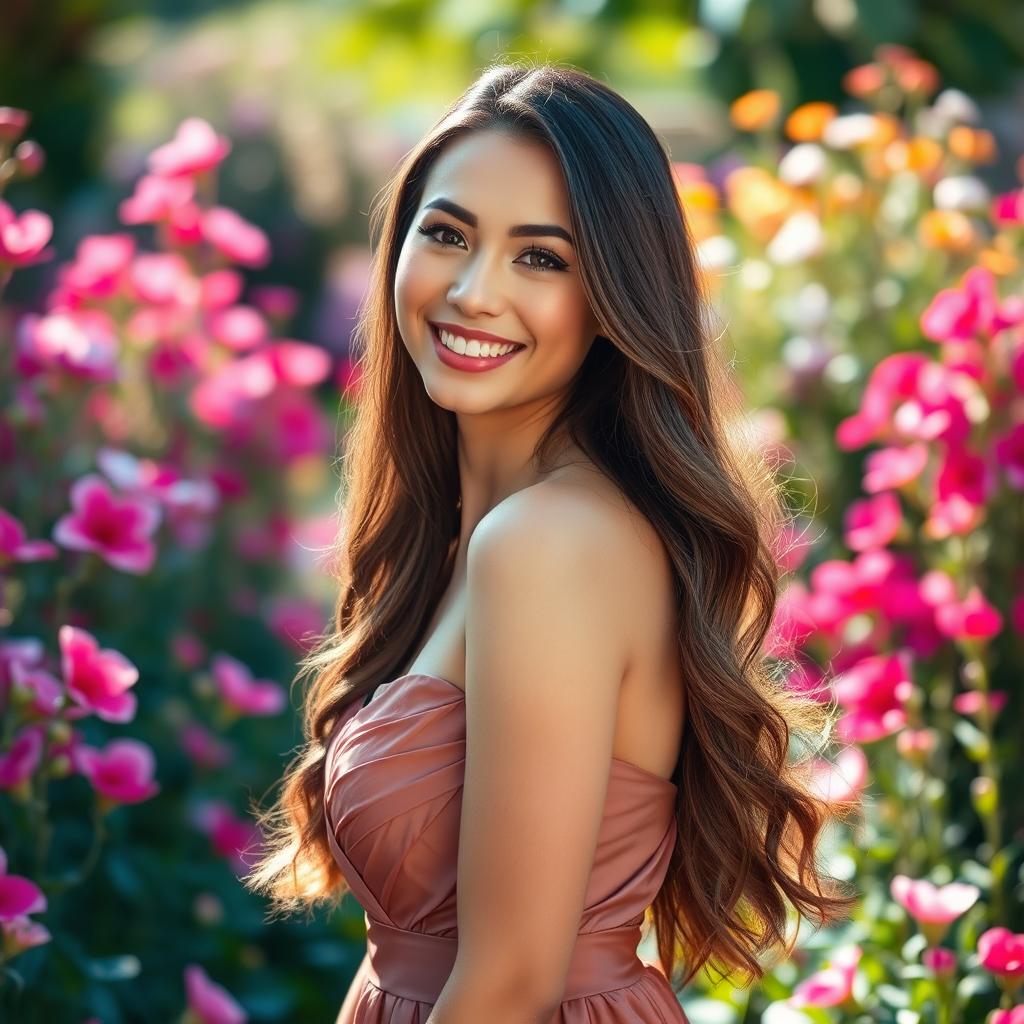 A stunning portrait of a woman with long flowing hair, wearing an elegant dress, standing in a vibrant garden full of blooming flowers under soft sunlight, exuding an aura of confidence and grace