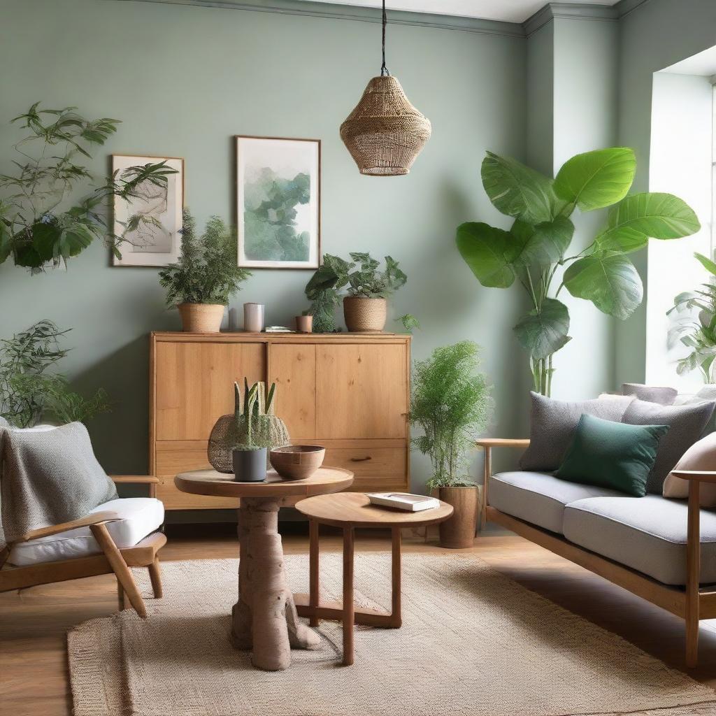 A vintage-styled living room designed with natural materials. Dominated by wooden furniture, green plants, and featuring nude, green, and gray colors.