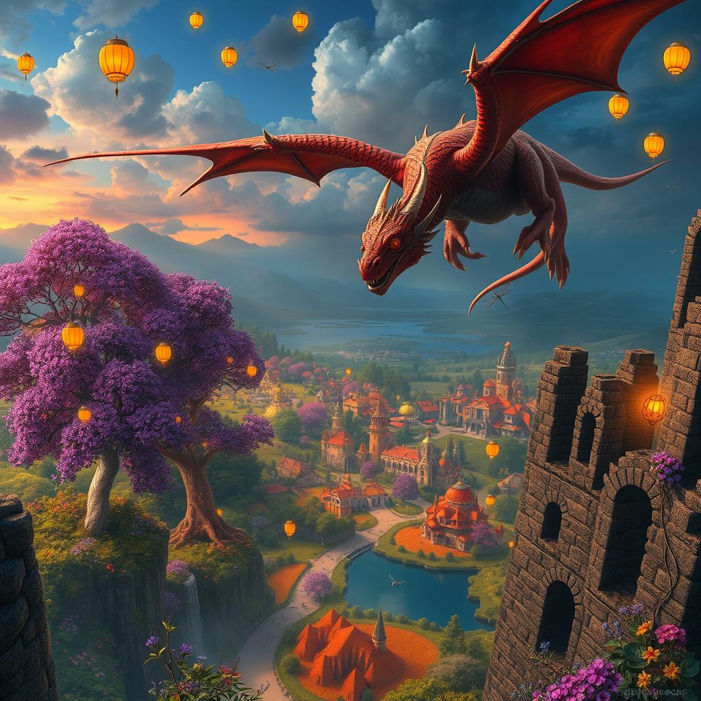 A breathtaking view from a ruined tower overlooking a vibrant town filled with happy common folk, surrounded by colorful flower fey that dance in the air
