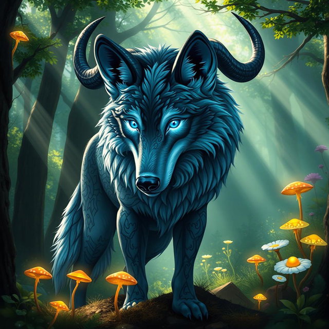 A majestic four-eyed wolf with impressive horns, standing in a mystical forest