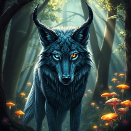 A majestic four-eyed wolf with impressive horns, standing in a mystical forest