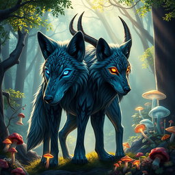A majestic four-eyed wolf with impressive horns, standing in a mystical forest